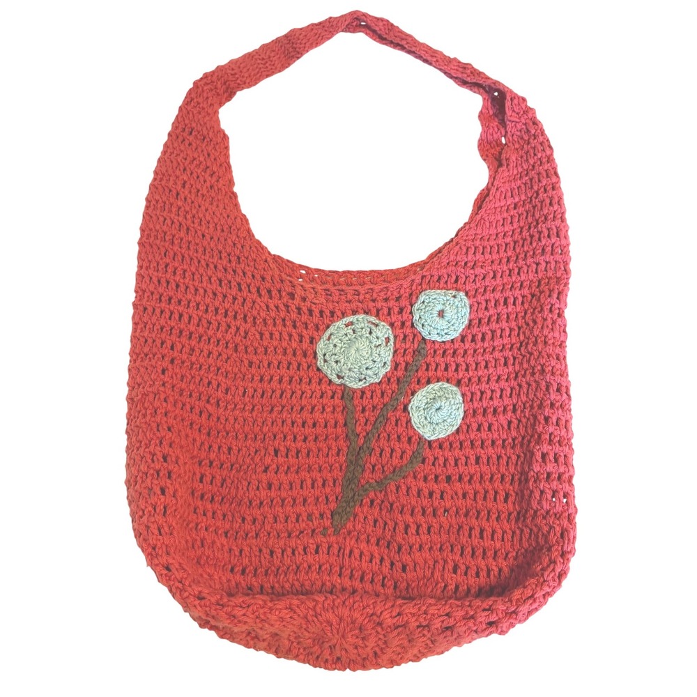 Unbranded Crochet Hobo Bag Womens OS Red good Floral Knit Slouchy Tote